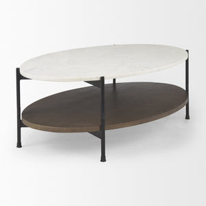 Mercana Larkin Two-Tier Coffee Table with Unique Marble Top and Solid Wood Shelf in Black Metal Frame White Marble | Dark Brown Wood | Oval 69978-AB