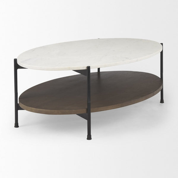 Mercana Larkin Two-Tier Coffee Table with Unique Marble Top and Solid Wood Shelf in Black Metal Frame White Marble | Dark Brown Wood | Oval 69978-AB