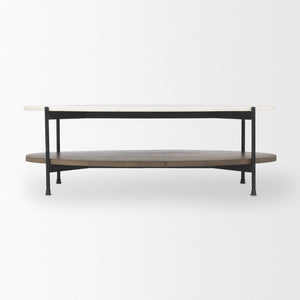 Mercana Larkin Two-Tier Coffee Table with Unique Marble Top and Solid Wood Shelf in Black Metal Frame White Marble | Dark Brown Wood | Oval 69978-AB