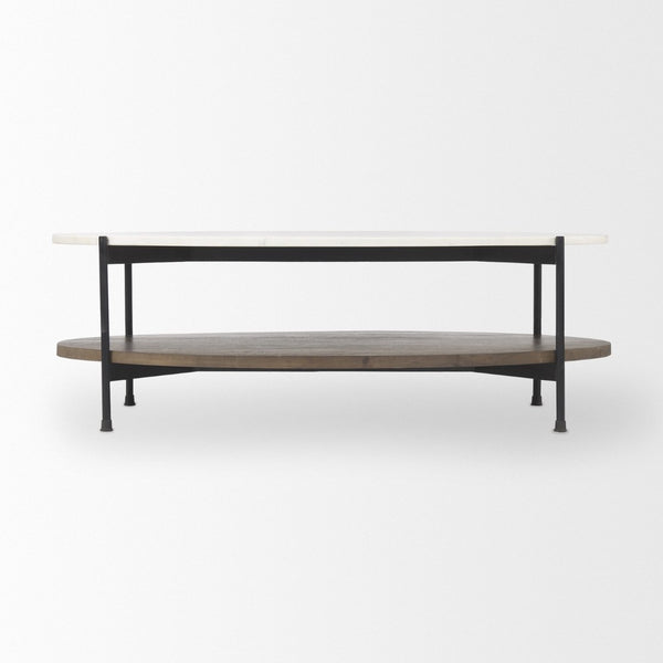 Mercana Larkin Two-Tier Coffee Table with Unique Marble Top and Solid Wood Shelf in Black Metal Frame White Marble | Dark Brown Wood | Oval 69978-AB