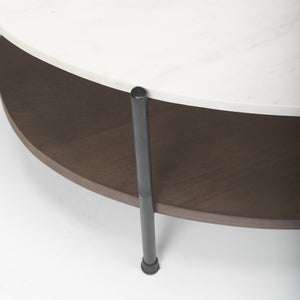 Mercana Larkin Two-Tier Coffee Table with Unique Marble Top and Solid Wood Shelf in Black Metal Frame White Marble | Dark Brown Wood | Oval 69978-AB