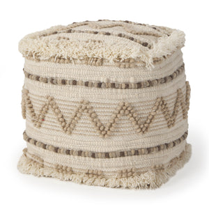 Mercana Caela Beige/Brown Wool, Cotton and Felt Popcorn Stitch Square Pouf  67585