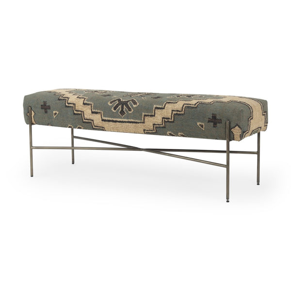 Mercana Avery Upholstered Accent Bench with Antique Metal Base – Stylish Entryway & Living Room Seating Multi Colored Fabric | Black Metal 68741