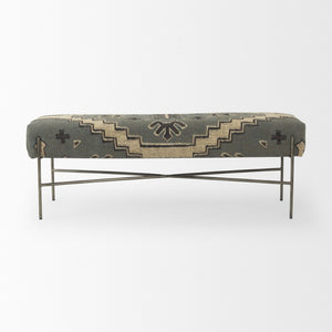 Mercana Avery Upholstered Accent Bench with Antique Metal Base – Stylish Entryway & Living Room Seating Multi Colored Fabric | Black Metal 68741