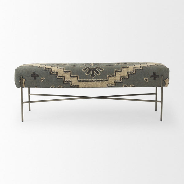 Mercana Avery Upholstered Accent Bench with Antique Metal Base – Stylish Entryway & Living Room Seating Multi Colored Fabric | Black Metal 68741