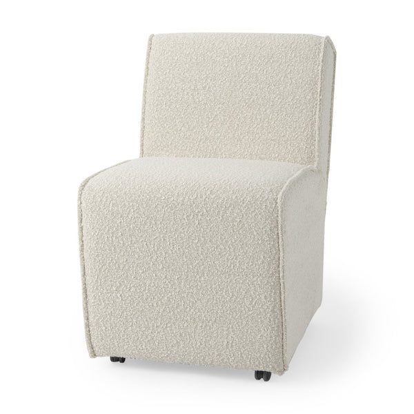 Mercana Damon Upholstered Dining Chair with Casters - Elegant Cream Fabric, Supportive Backrest & Mobility Cream Boucle Fabric 69615