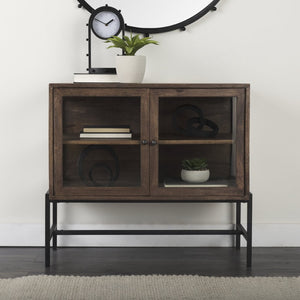 Mercana Arelius Accent Cabinet with Glass Doors & Removable Shelf – Stylish Storage for Any Space Medium Brown Wood | Black Metal 69290