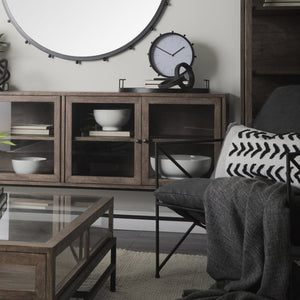 Mercana Arelius Sideboard with Glass Cabinet Doors - Stylish Storage Solution for Modern Living Spaces Medium Brown Wood | Black Metal 69293