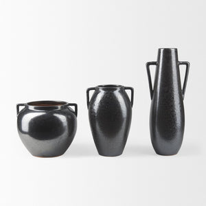 Mercana Kora Sculptural Ceramic Vase with Unique Metallic Finish and Architectural Double Ear Design Dark Metallic | 16.9H 70079