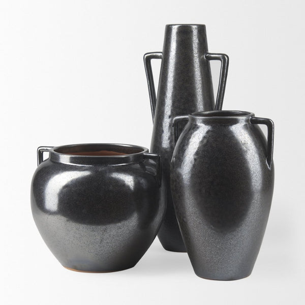 Mercana Kora Sculptural Ceramic Vase with Unique Metallic Finish and Architectural Double Ear Design Dark Metallic | 16.9H 70079
