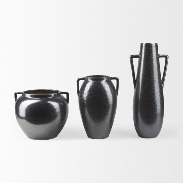 Mercana Kora Sculptural Ceramic Vase with Unique Metallic Finish and Architectural Double Ear Design Dark Metallic | 11.2H 70080
