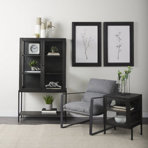 Mercana Arelius End Table: Elegant Mango Wood with Glass Shadowbox and Matte Black Frame for Modern Living Dark Black-Brown Wood | Black Metal 69207
