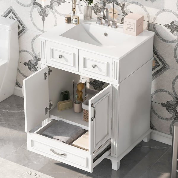 English Elm 24'' Retro Bathroom Vanity Solid Rubberwood Frame Ceramic Sink Soft Close Storage White N710P405405K