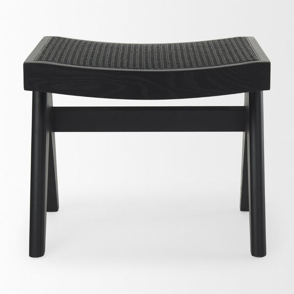 Mercana Arvin Solid Wood Stool with Woven Cane Seat - Classic Design for Versatile Home Décor and Comfort Black Wood 70071