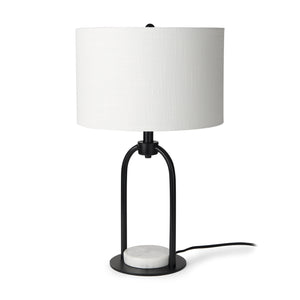 Mercana Sarah 15.0L x 10.0W x 22.2H Arched Black Metal W/Marble Cube and White Shade Table Lamp 69702