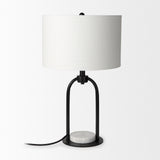 Mercana Sarah 15.0L x 10.0W x 22.2H Arched Black Metal W/Marble Cube and White Shade Table Lamp 69702