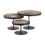 Lorenz (Set of 3) Light Brown Wood W/ Black Metal Base Round Decorative Display Stands