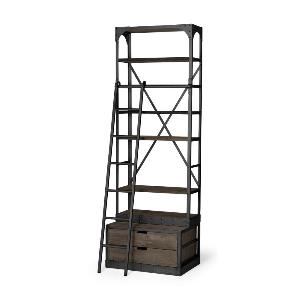 Mercana Brodie II Industrial Four-Shelf Shelving Unit with Sliding Ladder for Stylish Home Storage Solutions Brown Wood | Gun Metal | 57L 50373-AB