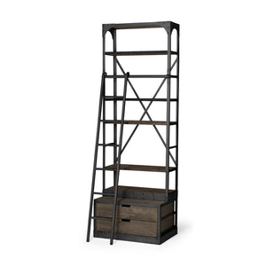 Mercana Brodie II Industrial Four-Shelf Shelving Unit with Sliding Ladder for Stylish Home Storage Solutions Brown Wood | Gun Metal | 32L 50372-AB