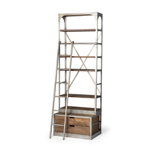 Mercana Brodie II Industrial Four-Shelf Shelving Unit with Sliding Ladder for Stylish Home Storage Solutions Light Brown Wood | Nickel Tone Metal | 32L 50369-AB