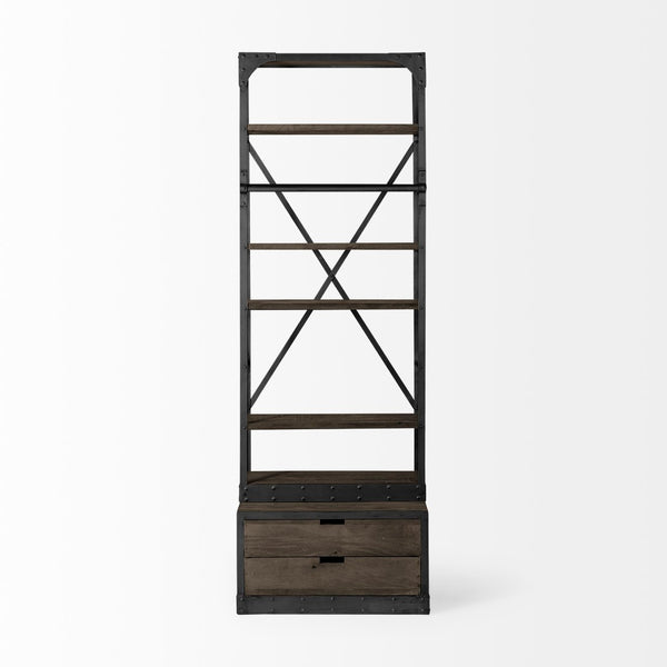 Mercana Brodie II Industrial Four-Shelf Shelving Unit with Sliding Ladder for Stylish Home Storage Solutions Brown Wood | Gun Metal | 32L 50372-AB