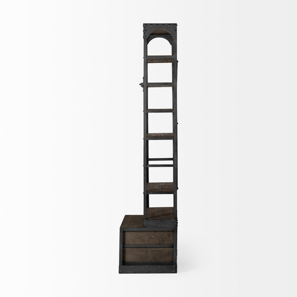 Mercana Brodie II Industrial Four-Shelf Shelving Unit with Sliding Ladder for Stylish Home Storage Solutions Brown Wood | Gun Metal | 32L 50372-AB
