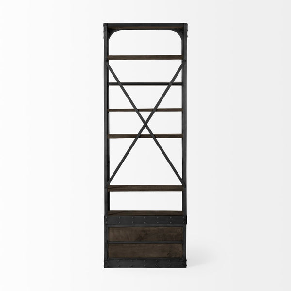 Mercana Brodie II Industrial Four-Shelf Shelving Unit with Sliding Ladder for Stylish Home Storage Solutions Brown Wood | Gun Metal | 32L 50372-AB