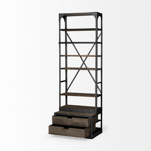 Mercana Brodie II Industrial Four-Shelf Shelving Unit with Sliding Ladder for Stylish Home Storage Solutions Brown Wood | Gun Metal | 32L 50372-AB