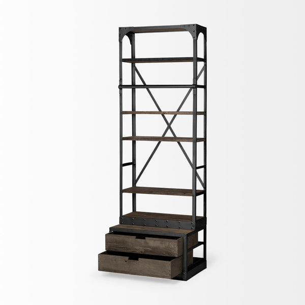 Mercana Brodie II Industrial Four-Shelf Shelving Unit with Sliding Ladder for Stylish Home Storage Solutions Brown Wood | Gun Metal | 32L 50372-AB