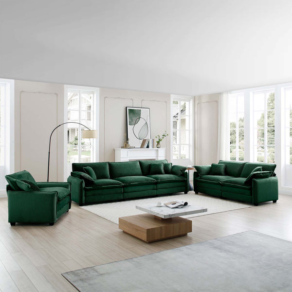 English Elm 3 Piece Oversized Sectional Sofa Set - Plush Green Corduroy With Memory Foam Cushions & Pillows W714S00727