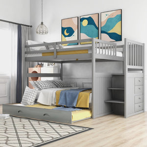English Elm Full Over Staircase Bunk Bed with Twin Trundle and Built-in Storage Drawers LT000126AAE-2