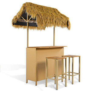 English Elm Go Tropical Tiki Bar Patio Set Acacia Wood Top Pe Wicker Stools with Grass Canopy WF530958AAA