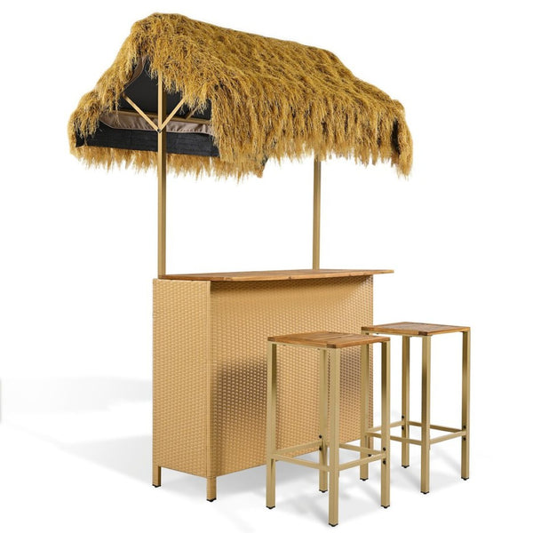English Elm Go Tropical Tiki Bar Patio Set Acacia Wood Top Pe Wicker Stools with Grass Canopy WF530958AAA