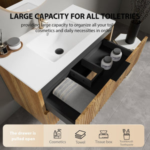English Elm 36 Inch Floating Bathroom Vanity Fluted Wood Grain Panel with Ceramic Integrated Sink W3520S00045
