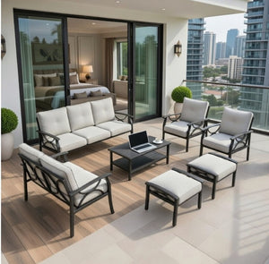 English Elm 7-piece Outdoor Sectional Set Steel Frame 9 Seat Patio Conversation with Cushioned Ottomans Grey+Black B082S00131