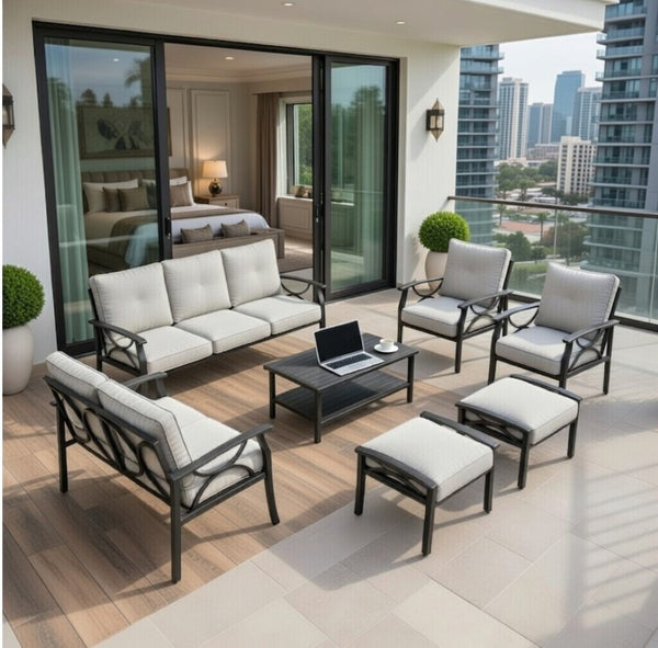 English Elm 7-piece Outdoor Sectional Set Steel Frame 9 Seat Patio Conversation with Cushioned Ottomans Grey+Black B082S00131