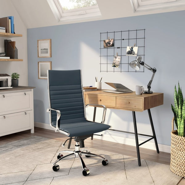 EuroStyle Dirk High Back Leatherette Office Chair with Bungee Support and Chromed Steel Base 00675BLU