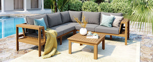 English Elm <old Old Sku Acacia Wood L-shaped Patio Sectional with Woven Rope Armrests Resort Cushioned Set Gray,Natural N704F201249E