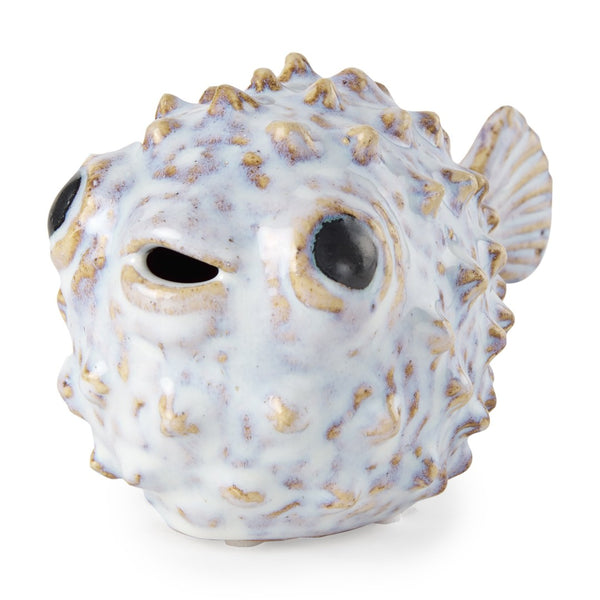 Mercana Spike Ceramic Puffer Fish Sculpture - Coastal Charm with Blue Gold Accents for Stylish Interiors Off-White Ceramic | 5H 68018