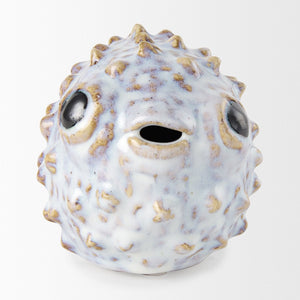 Mercana Spike Ceramic Puffer Fish Sculpture - Coastal Charm with Blue Gold Accents for Stylish Interiors Off-White Ceramic | 5H 68018