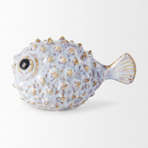 Mercana Spike Ceramic Puffer Fish Sculpture - Coastal Charm with Blue Gold Accents for Stylish Interiors Off-White Ceramic | 5H 68018