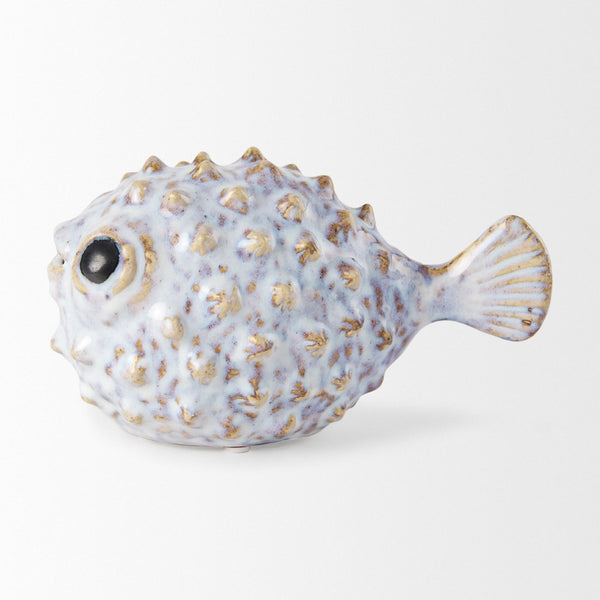 Mercana Spike Ceramic Puffer Fish Sculpture - Coastal Charm with Blue Gold Accents for Stylish Interiors Off-White Ceramic | 5H 68018