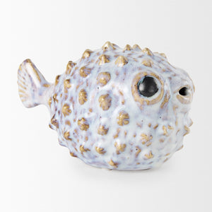 Mercana Spike Ceramic Puffer Fish Sculpture - Coastal Charm with Blue Gold Accents for Stylish Interiors Off-White Ceramic | 5H 68018