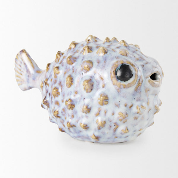 Mercana Spike Ceramic Puffer Fish Sculpture - Coastal Charm with Blue Gold Accents for Stylish Interiors Off-White Ceramic | 5H 68018
