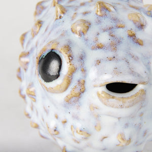 Mercana Spike Ceramic Puffer Fish Sculpture - Coastal Charm with Blue Gold Accents for Stylish Interiors Off-White Ceramic | 5H 68018