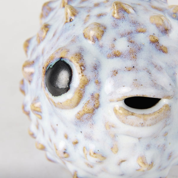 Mercana Spike Ceramic Puffer Fish Sculpture - Coastal Charm with Blue Gold Accents for Stylish Interiors Off-White Ceramic | 5H 68018