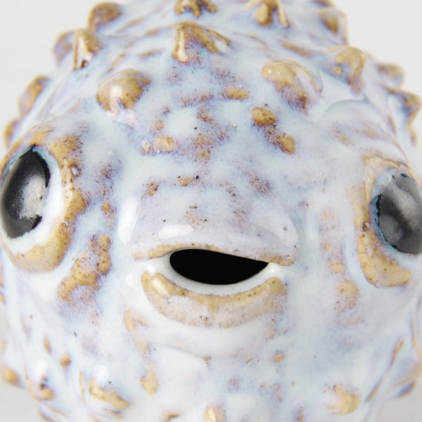 Mercana Spike Ceramic Puffer Fish Sculpture - Coastal Charm with Blue Gold Accents for Stylish Interiors Off-White Ceramic | 5H 68018