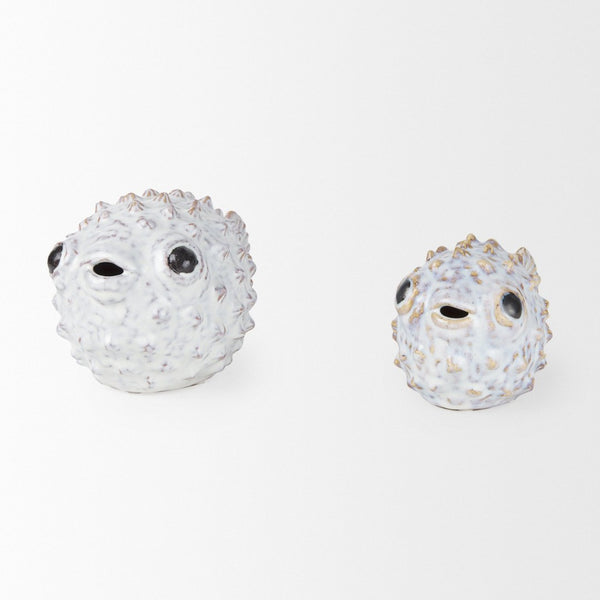 Mercana Spike Ceramic Puffer Fish Sculpture - Coastal Charm with Blue Gold Accents for Stylish Interiors Off-White Ceramic | 5H 68018