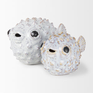 Mercana Spike Ceramic Puffer Fish Sculpture - Coastal Charm with Blue Gold Accents for Stylish Interiors Off-White Ceramic | 5H 68018