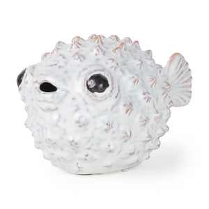 Mercana Spike Ceramic Puffer Fish Sculpture - Coastal Charm with Blue Gold Accents for Stylish Interiors Off-White Ceramic | 6H 68019